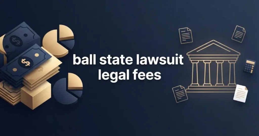 Financial breakdown graphic with ball state lawsuit legal fees title over courthouse silhouette and gold data icons
