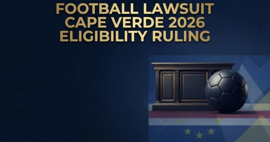 Football lawsuit Cape Verde 2026 eligibility ruling graphic with courtroom and sports elements