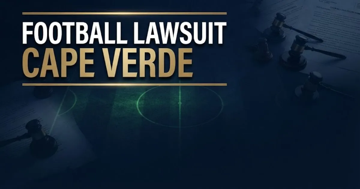 Football lawsuit Cape Verde hero banner with legal and sports imagery in navy and gold tones
