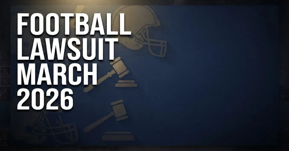 Football lawsuit March 2026 hero banner with navy background and gold legal icons
