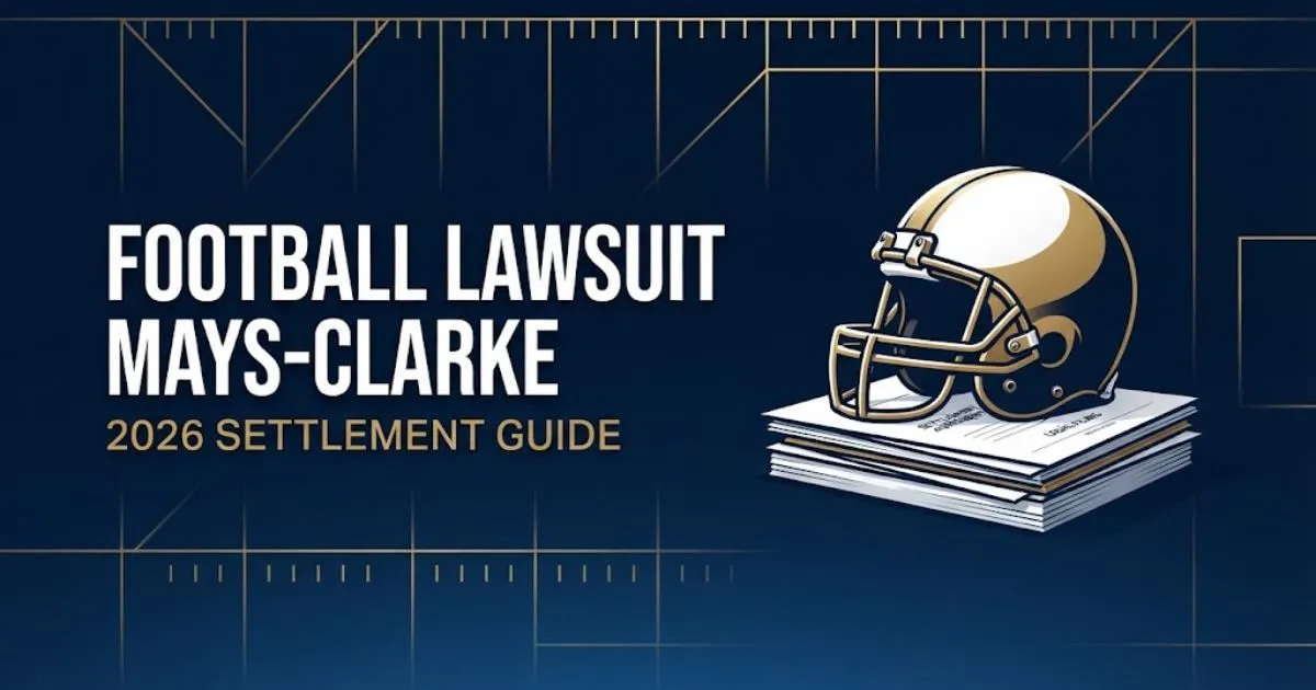 Football lawsuit Mays-Clarke 2026 settlement guide banner with helmet and legal documents on navy background