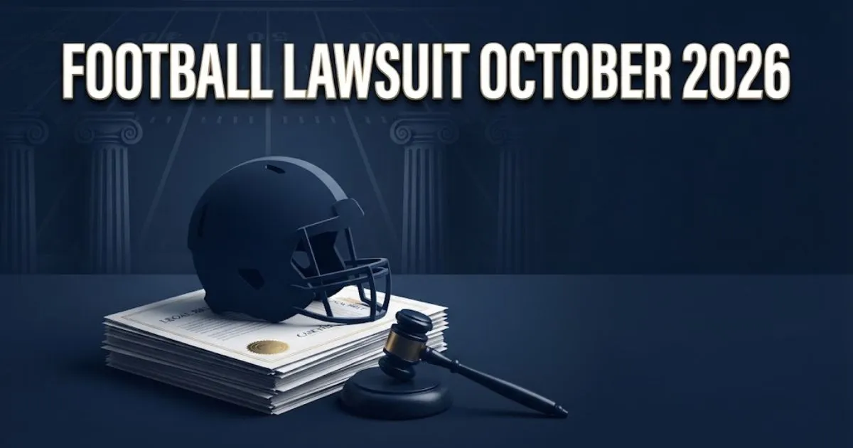 Football lawsuit October 2026 hero banner with helmet silhouette and legal documents on navy background