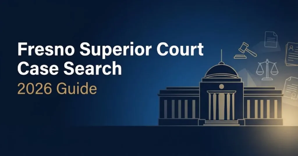 Fresno Superior Court Case Search hero banner with courthouse silhouette and gold legal icons on navy background