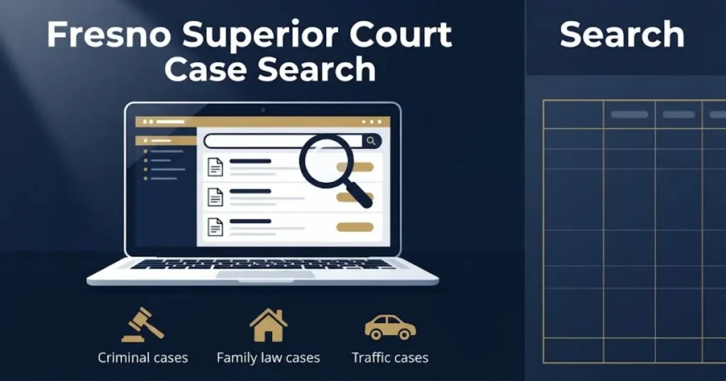 Fresno Superior Court Case Search supporting graphic showing laptop with court records and case type icons