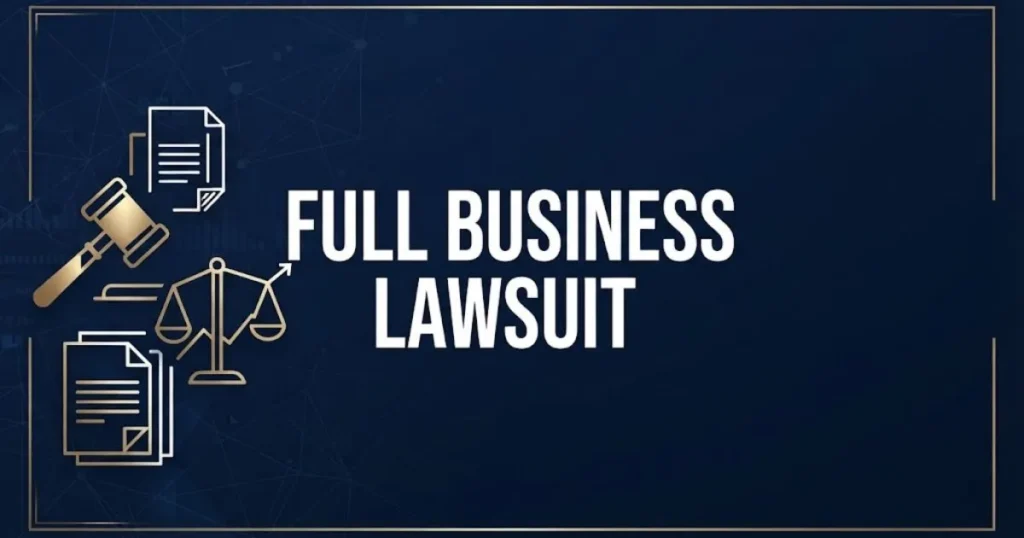 Full business lawsuit hero banner with gavel and scales of justice icons on navy background