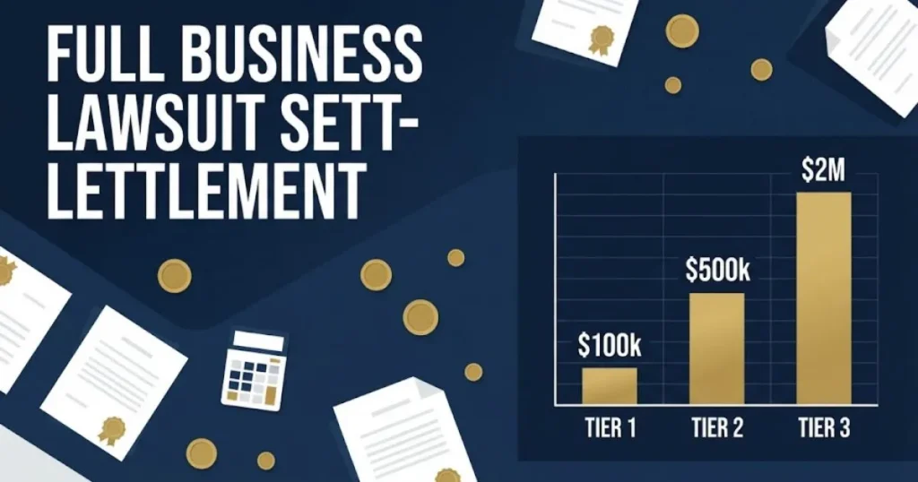 Full business lawsuit settlement guide graphic with chart and document icons on navy background