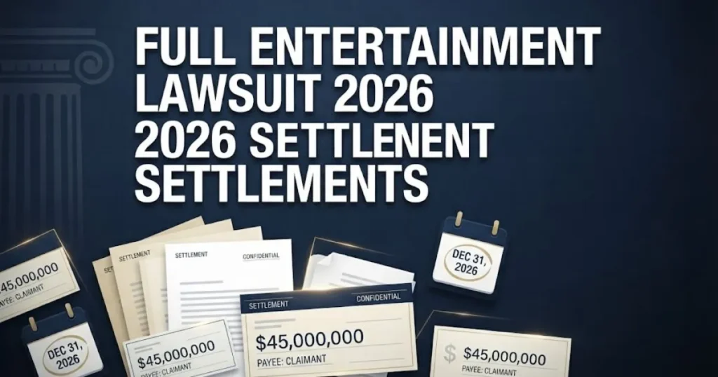 Full entertainment lawsuit 2026 settlements graphic with legal documents and deadline icons