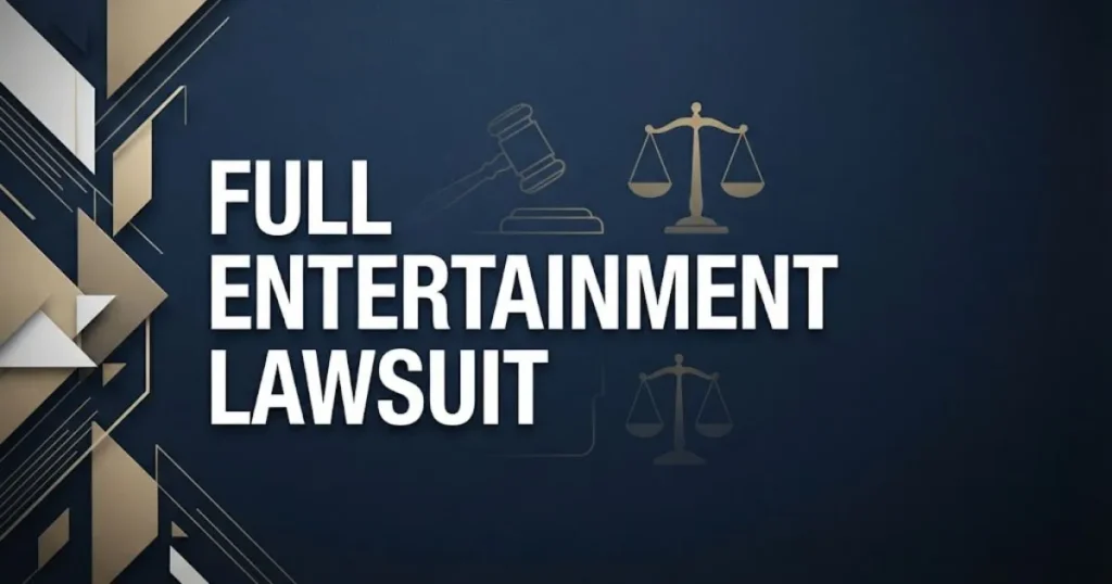 Full entertainment lawsuit hero banner with gavel and scales of justice on navy background