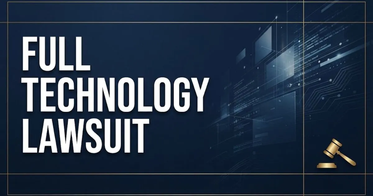 Full technology lawsuit hero banner with navy blue background, gold accents, and abstract digital data patterns