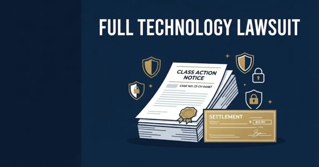Full technology lawsuit supporting graphic showing legal documents, settlement check, and data privacy icons