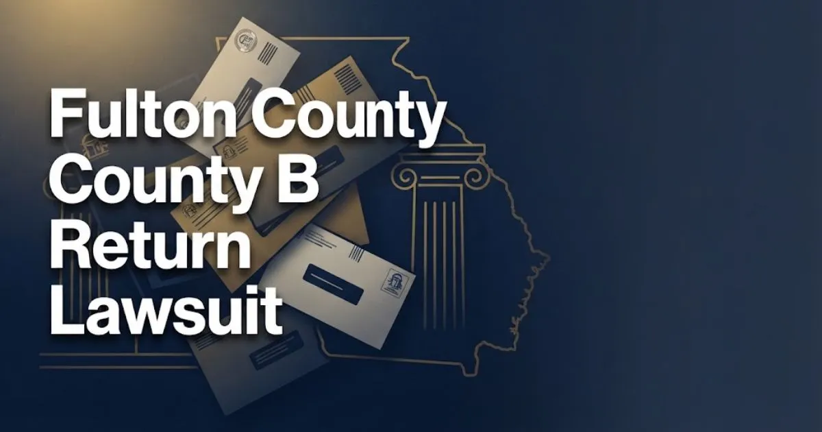 Fulton County ballots return lawsuit hero banner with courthouse silhouette and ballot graphics in navy and gold