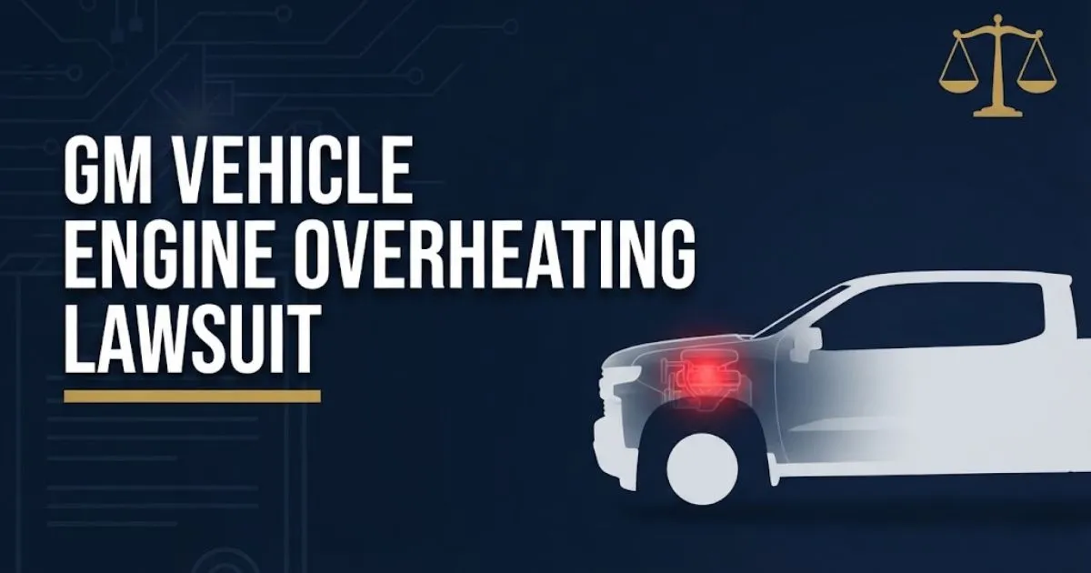 GM vehicle engine overheating lawsuit hero banner with truck silhouette and legal scales on navy background