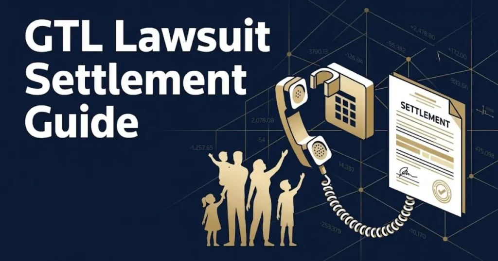 GTL Lawsuit settlement guide graphic with phone and family silhouette on navy background