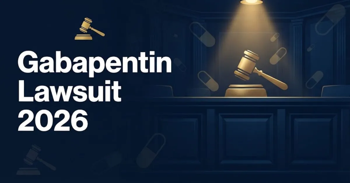 Gabapentin lawsuit 2026 hero banner with courtroom imagery and prescription pill graphics in navy and gold