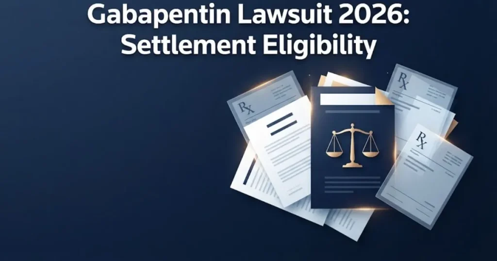 Gabapentin lawsuit 2026 settlement eligibility graphic with legal documents and justice scale in navy and gold