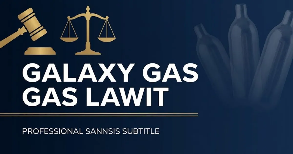 Galaxy gas lawsuit hero banner with legal symbols and nitrous oxide canister silhouettes on navy background