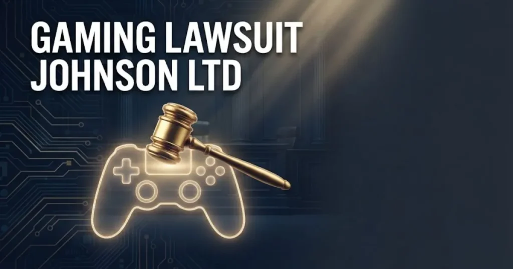 Gaming lawsuit Johnson Ltd hero banner with gavel and game controller on navy background