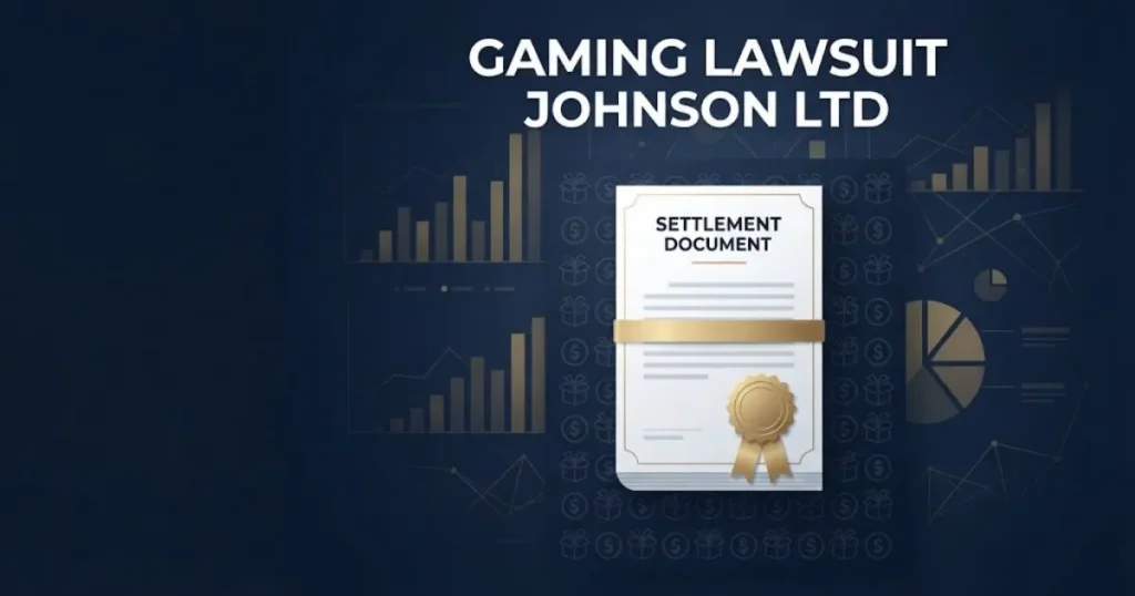 Gaming lawsuit Johnson Ltd settlement graphic with document seal and loot box icons