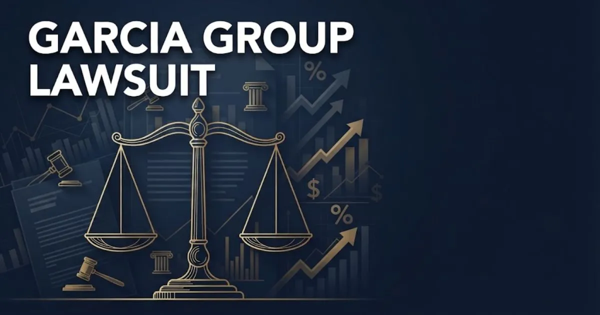 Garcia Group Lawsuit hero banner with legal scales icon and navy blue gold editorial design