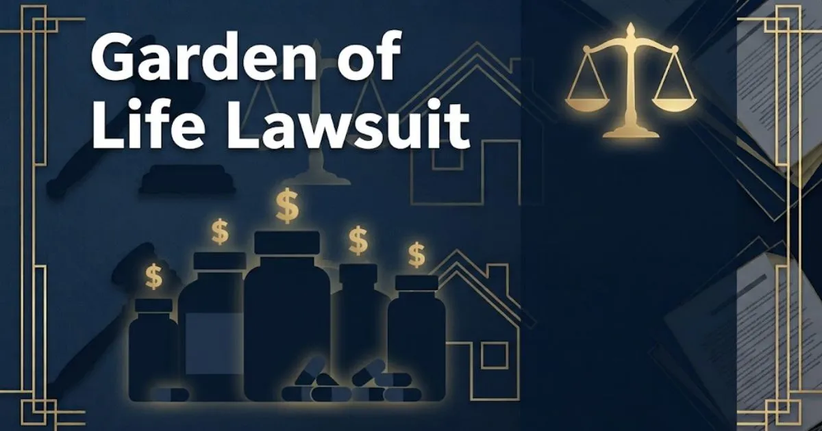 Garden of life lawsuit hero banner with supplement silhouettes and justice scale on navy background