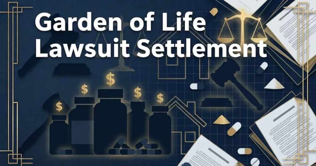 Garden of life lawsuit settlement graphic with legal documents and supplement icons on navy background