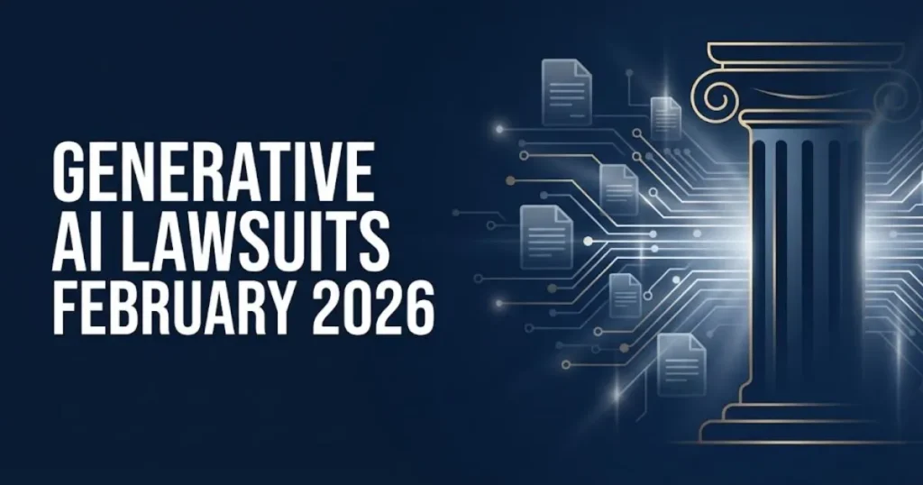 Generative AI lawsuits February 2026 hero banner with legal courthouse and circuit board design elements.