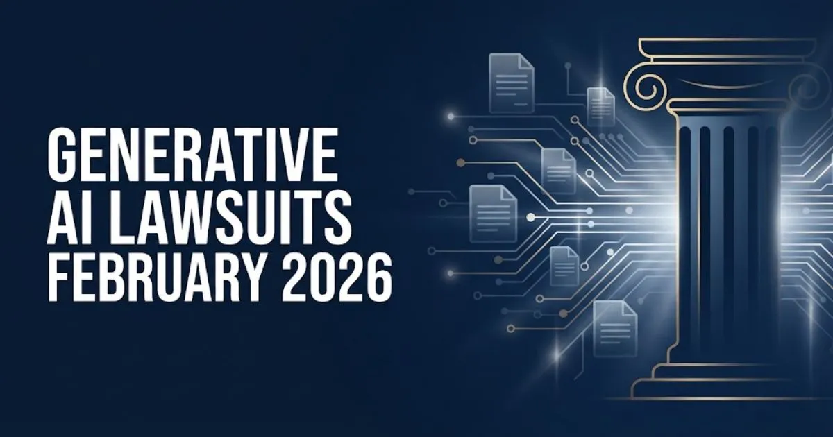Generative AI lawsuits February 2026 hero banner with legal courthouse and circuit board design elements.