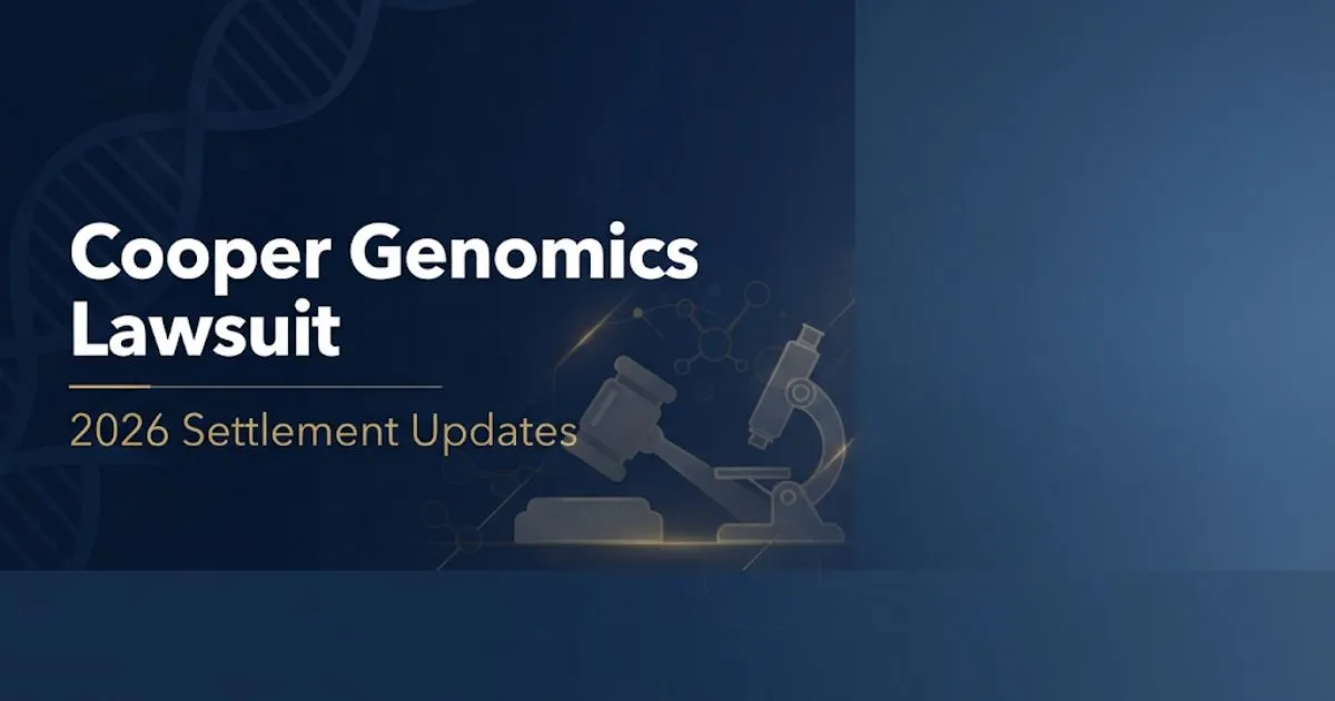 Genomics Lawsuit hero banner with navy blue background, DNA helix graphics, and gold legal icons for 2026 settlement guide
