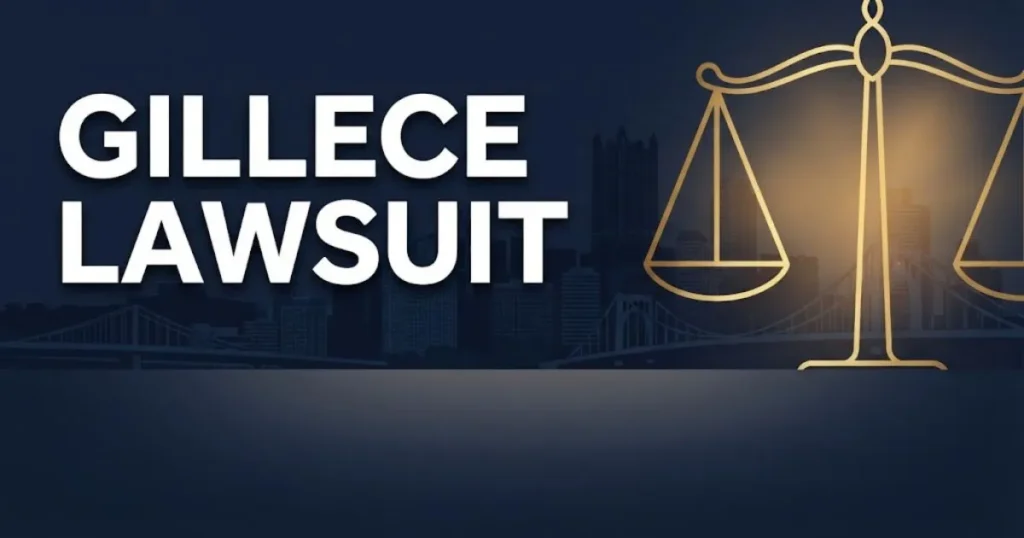 Gillece lawsuit hero banner with Pittsburgh skyline silhouette and golden scales of justice on navy background