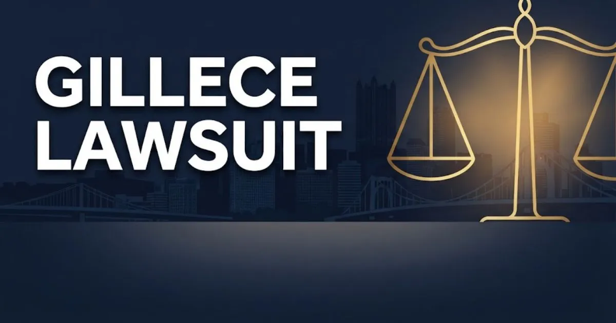 Gillece lawsuit hero banner with Pittsburgh skyline silhouette and golden scales of justice on navy background