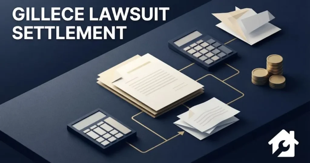 Gillece lawsuit settlement graphic with abstract legal documents and coins on navy desk surface