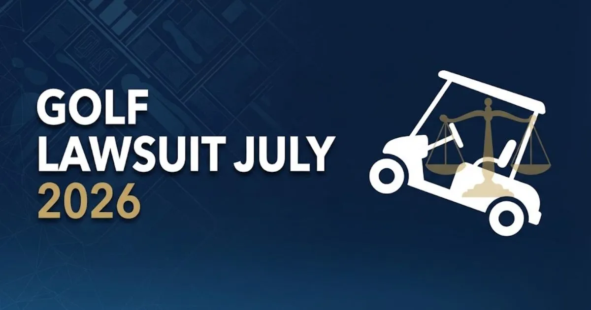 Golf Lawsuit July 2026 hero banner with golf cart silhouette and legal scales on navy background