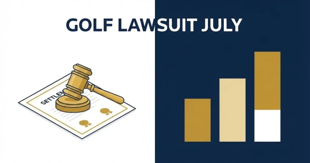 Golf Lawsuit July settlement graphic with gavel, document, and payout tier chart on navy background