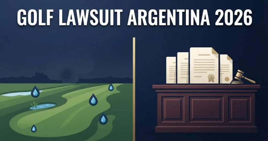 Golf lawsuit Argentina 2026 split graphic showing golf course and courtroom elements in navy and gold