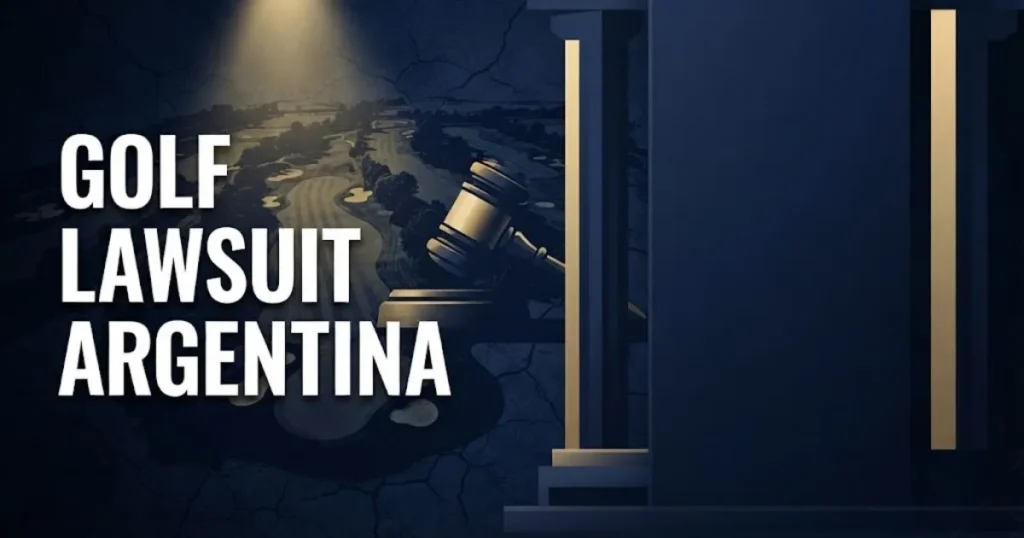 Golf lawsuit Argentina hero banner with legal gavel icon over stylized golf course silhouette in navy and gold