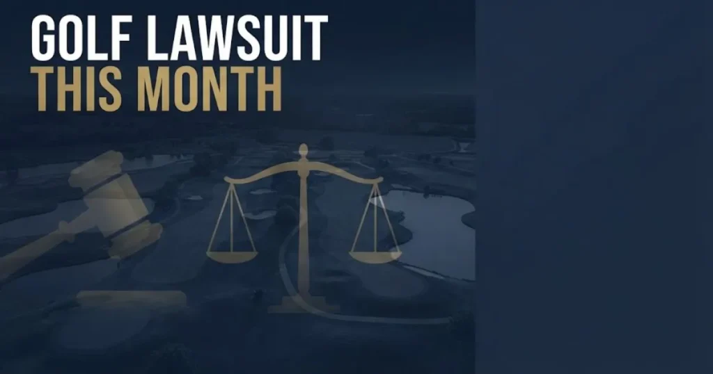 Golf lawsuit this month hero banner with legal symbols over a golf course at dusk in navy and gold tones