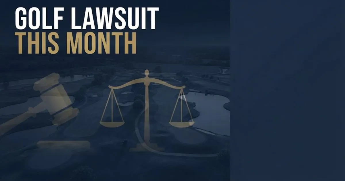 Golf lawsuit this month hero banner with legal symbols over a golf course at dusk in navy and gold tones