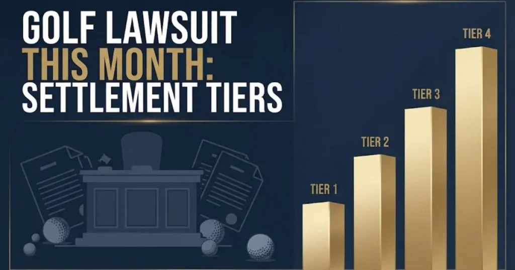Golf lawsuit this month settlement tiers graphic with courtroom silhouettes and data visualization in navy and gold