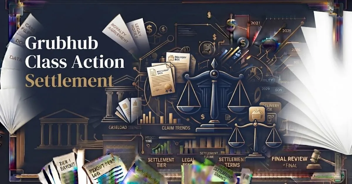 Grubhub class action settlement hero banner with legal scales and navy gold design