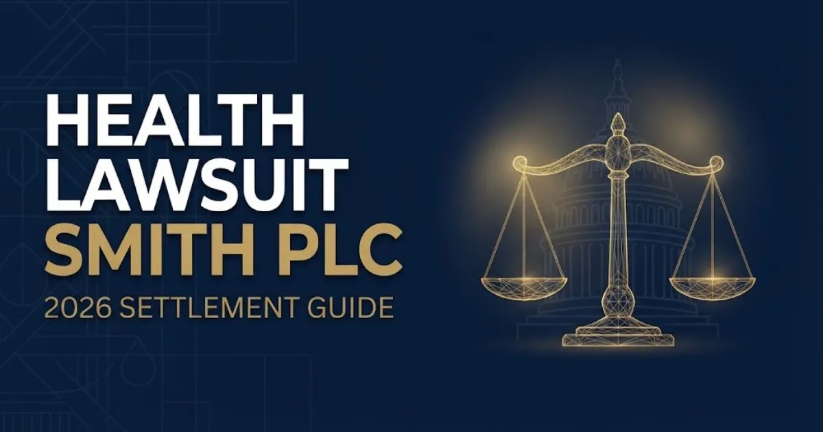 Health lawsuit Smith PLC 2026 settlement guide banner with legal scales on navy background