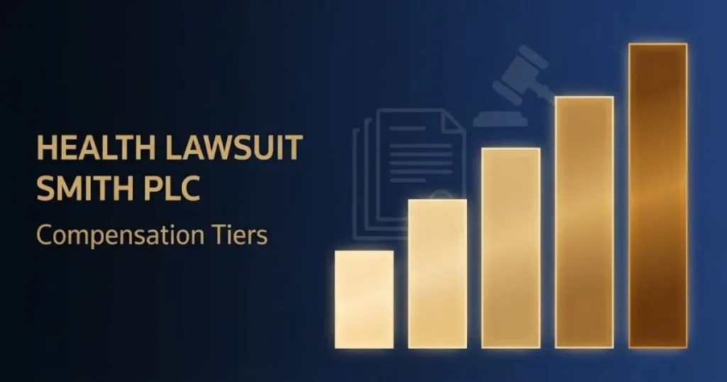Health lawsuit Smith PLC compensation tiers graphic with ascending gold bars on navy background