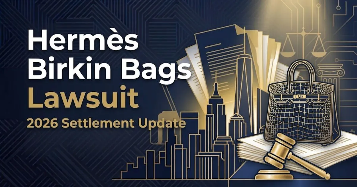 Hermès Birkin bags lawsuit 2026 hero banner with legal documents and luxury handbag silhouette in navy and gold