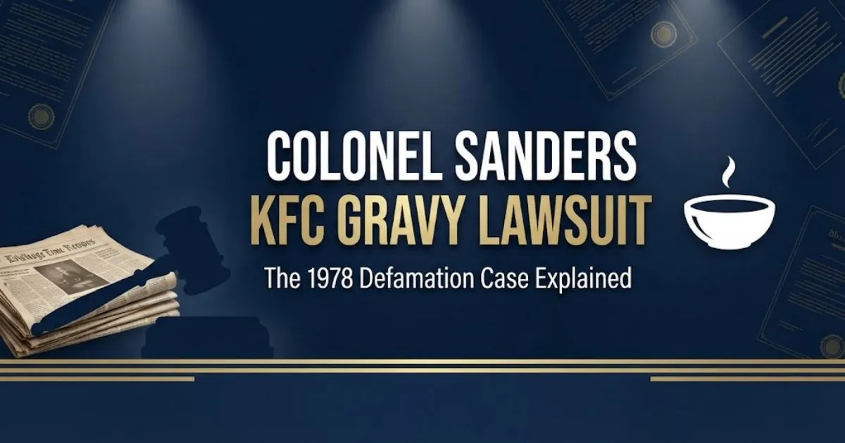 Hero banner graphic for Colonel Sanders KFC gravy lawsuit with courtroom and newspaper icons.