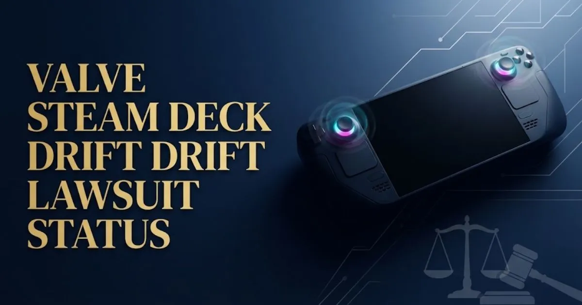 Hero banner showing Valve Steam Deck drift lawsuit status headline with handheld console silhouette and legal icons.