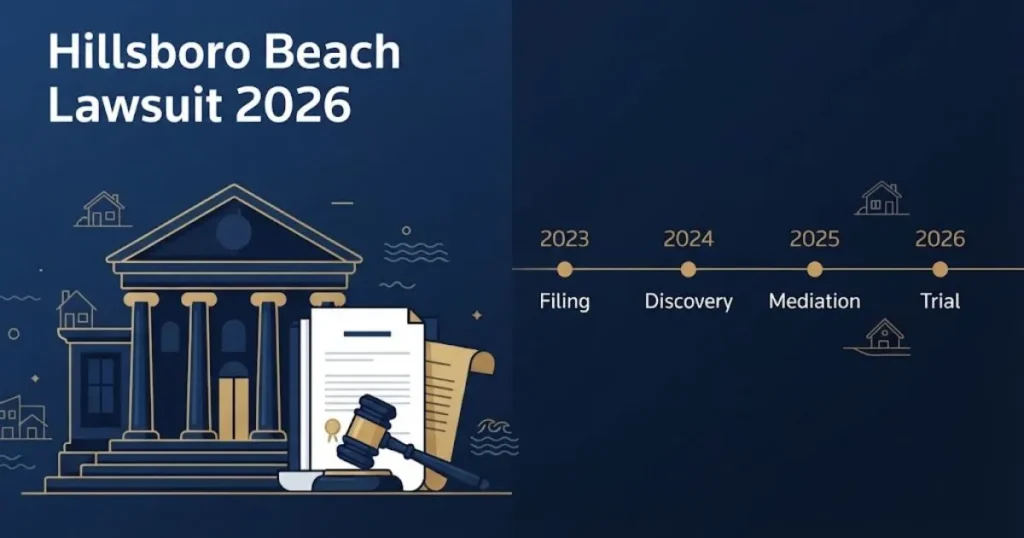 Hillsboro Beach lawsuit 2026 settlement timeline graphic with courthouse illustration in navy and gold