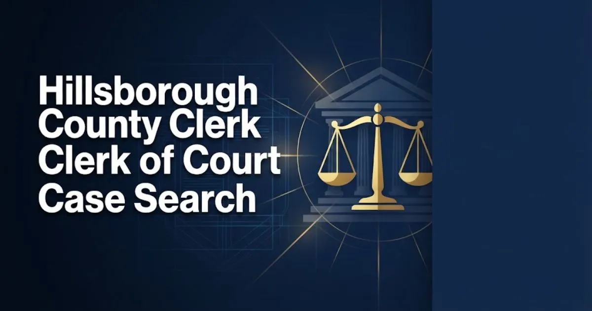 Hillsborough County clerk of court case search hero banner with scales of justice and courthouse silhouette on navy background