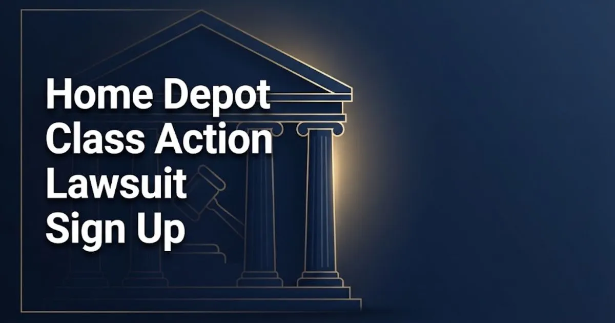 Home Depot class action lawsuit sign up banner with courthouse silhouette in navy and gold editorial design