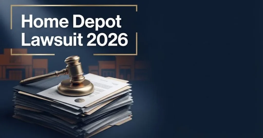 Home Depot lawsuit 2026 hero banner with gavel and legal documents on navy background