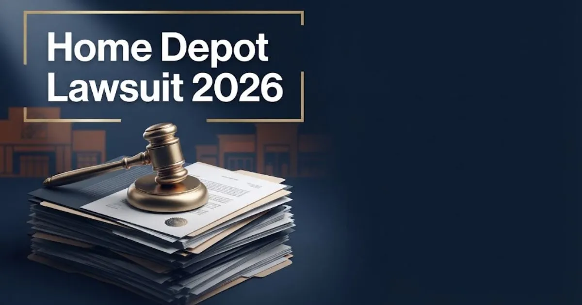 Home Depot lawsuit 2026 hero banner with gavel and legal documents on navy background