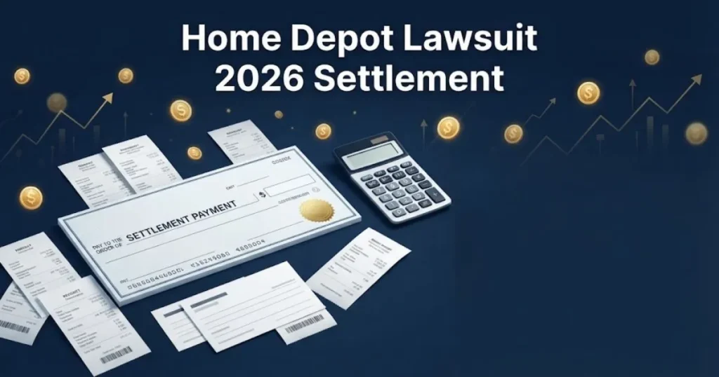 Home Depot lawsuit 2026 settlement graphic with check and receipts on dark desk